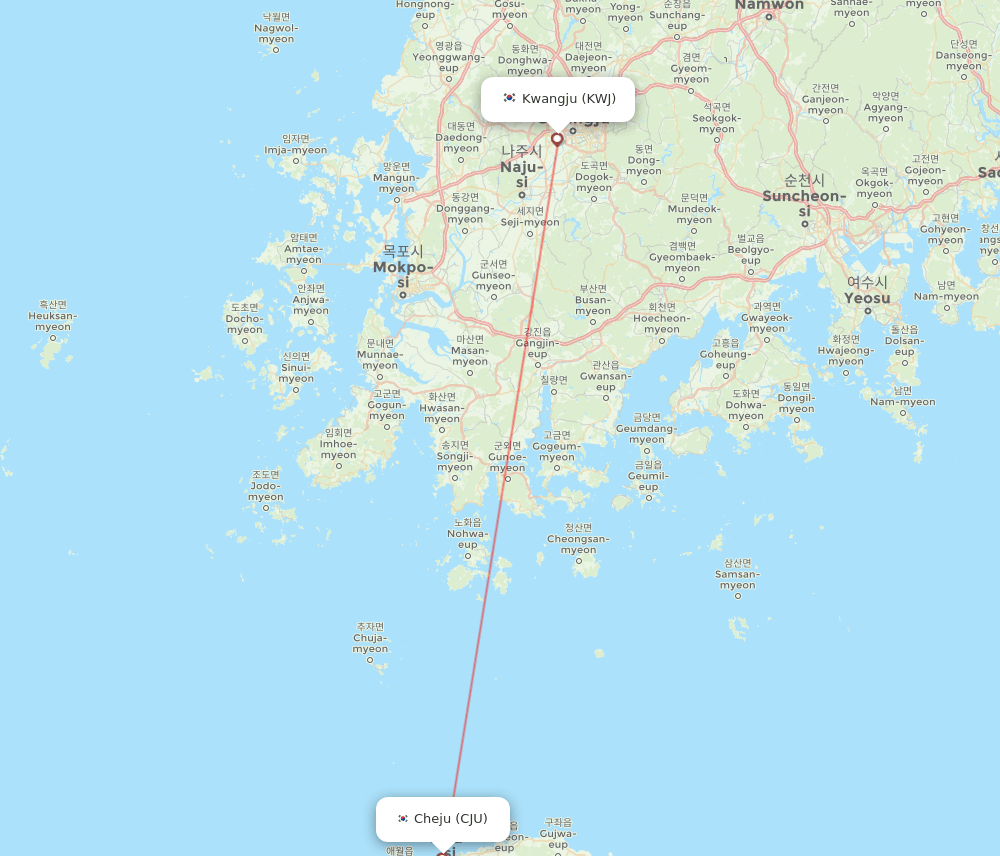 Jeju - Gwangju route map and flight paths