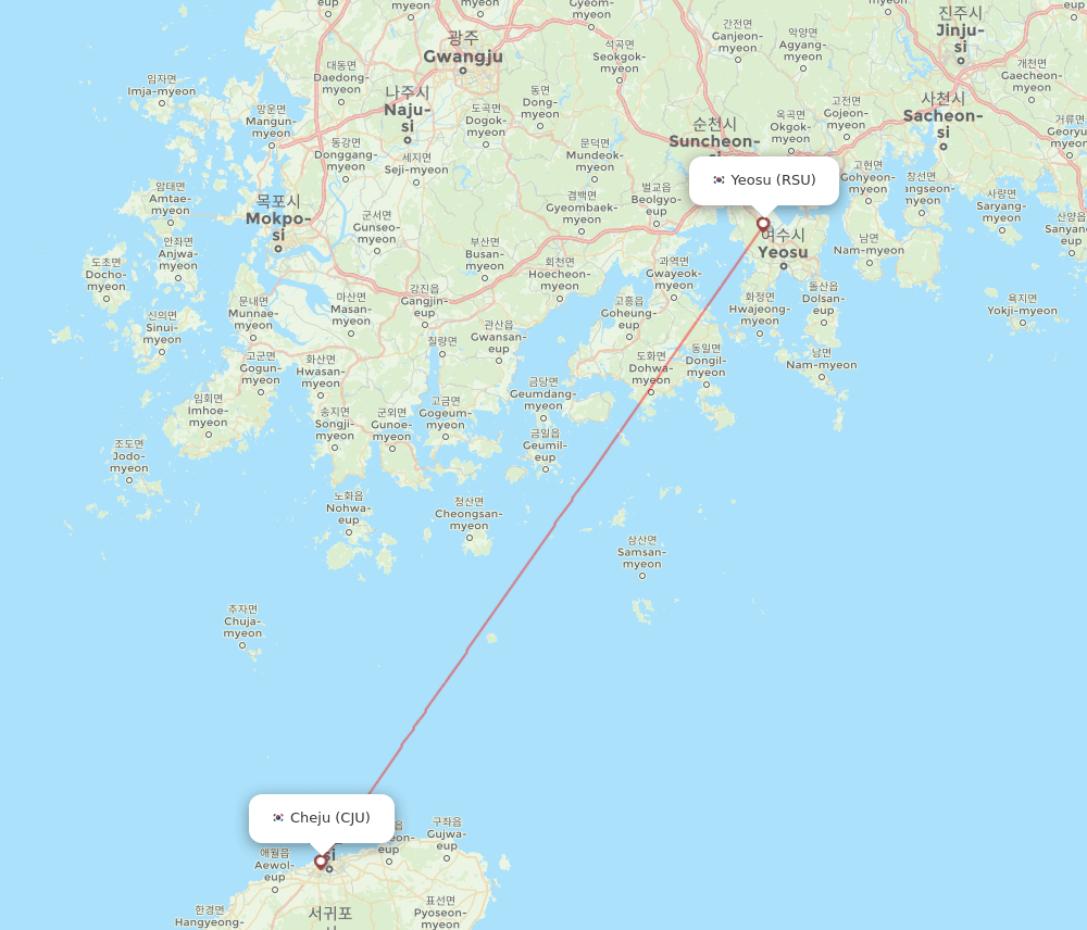 Jeju - Yeosu route map and flight paths