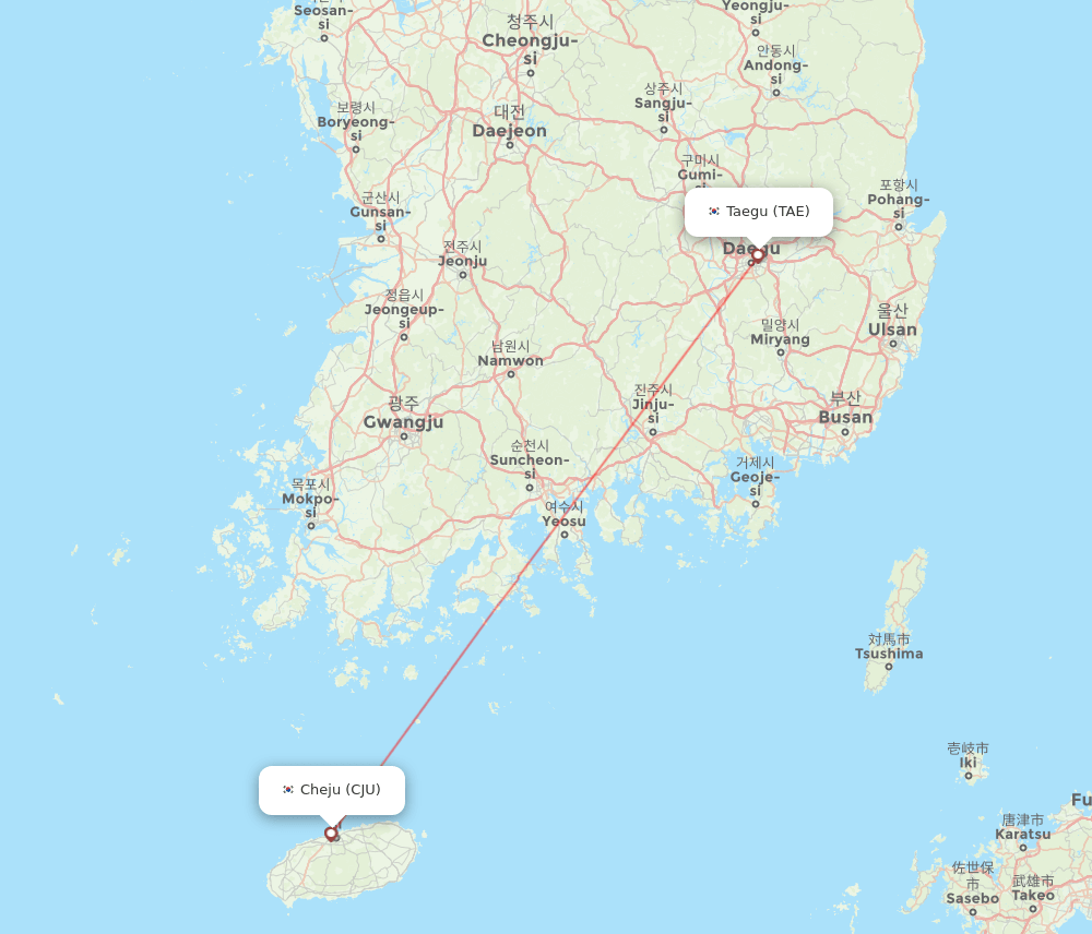 Jeju - Daegu route map and flight paths