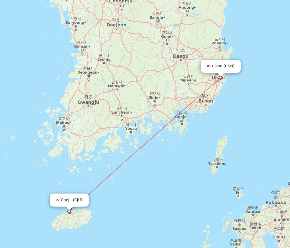 Jeju - Ulsan route map and flight paths