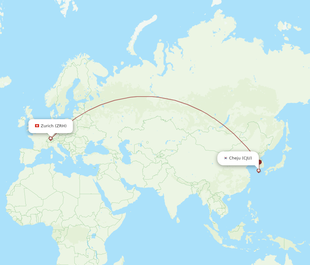 Zurich - Jeju route map and flight paths