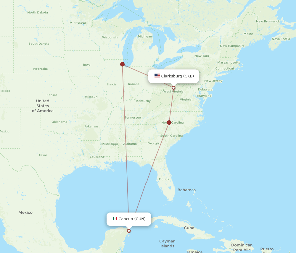 CKB-CUN flight routes