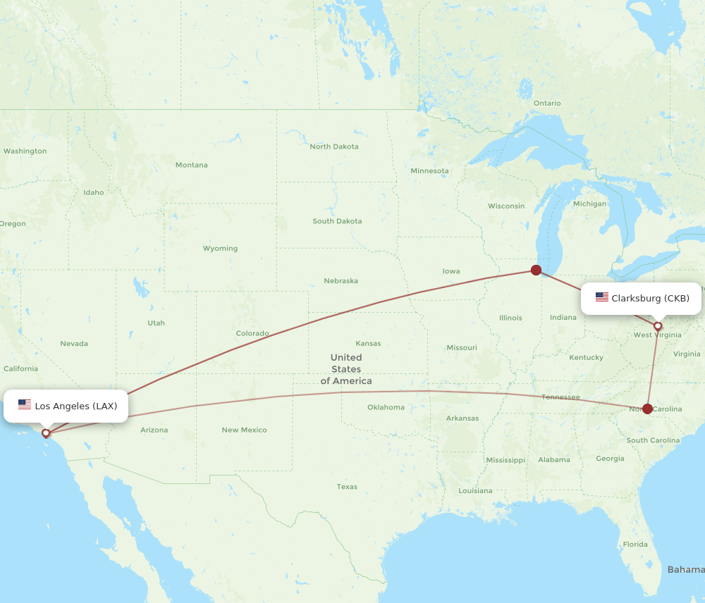 CKB-LAX flight routes
