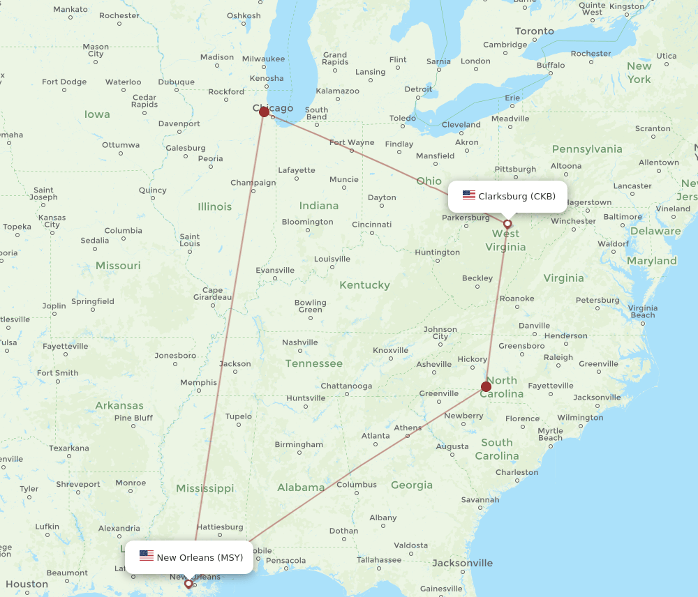 CKB-MSY flight routes