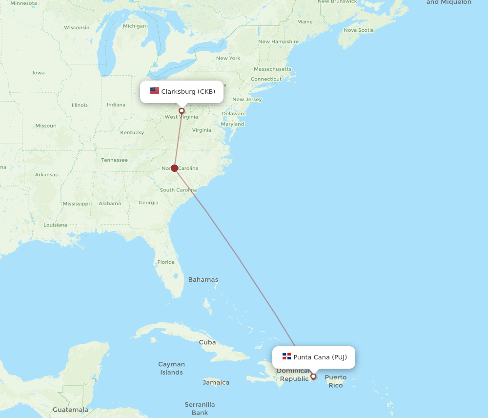 CKB to PUJ flights and routes map
