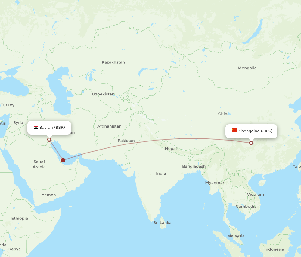 Basra - Chongqing route map and flight paths