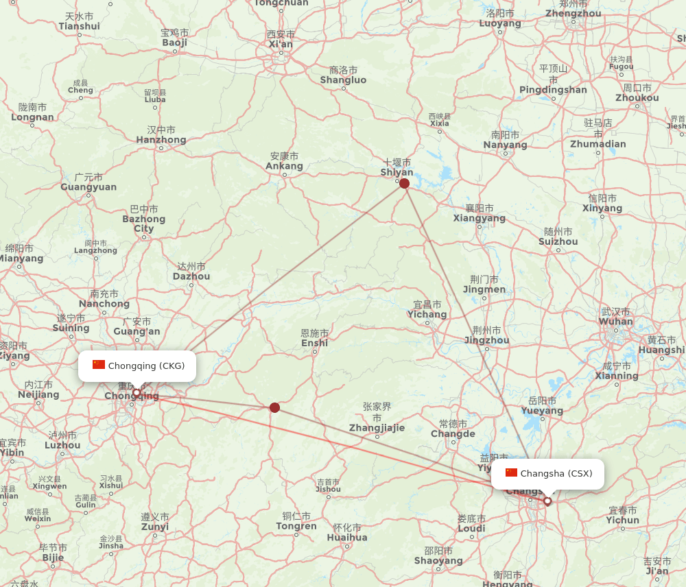 Chongqing - Changsha route map and flight paths
