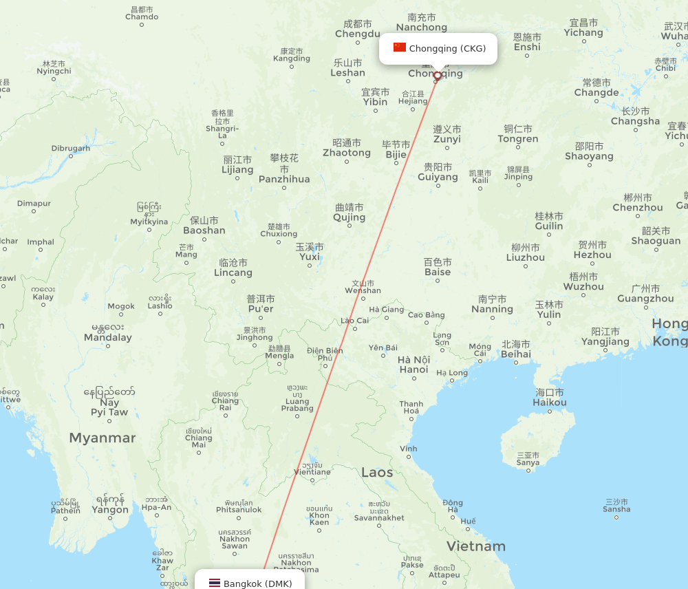 Chongqing - Bangkok route map and flight paths