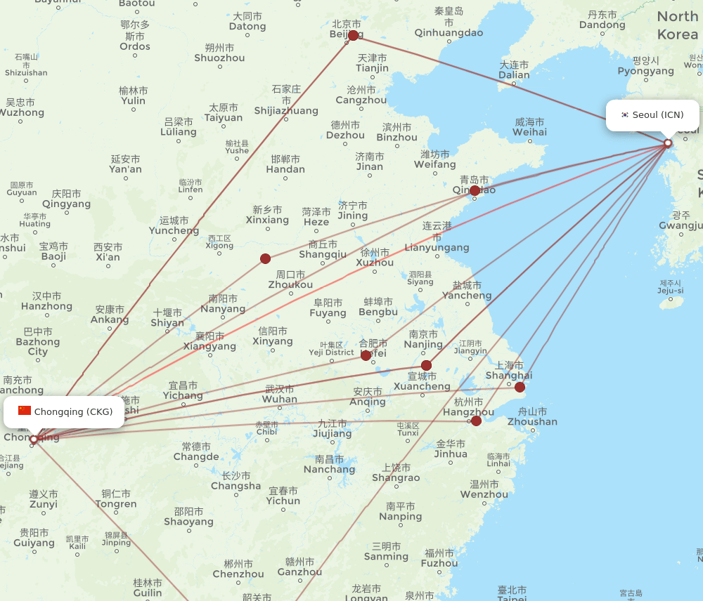 CKG to ICN flights and routes map