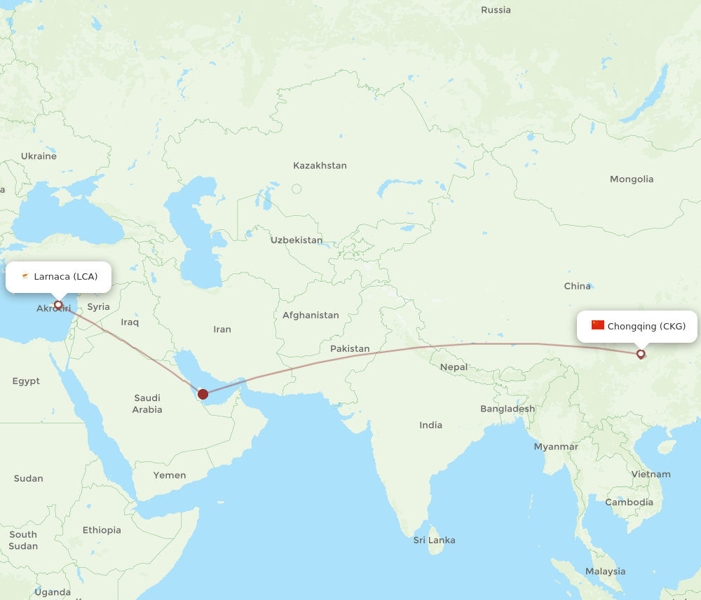 Larnaca - Chongqing route map and flight paths