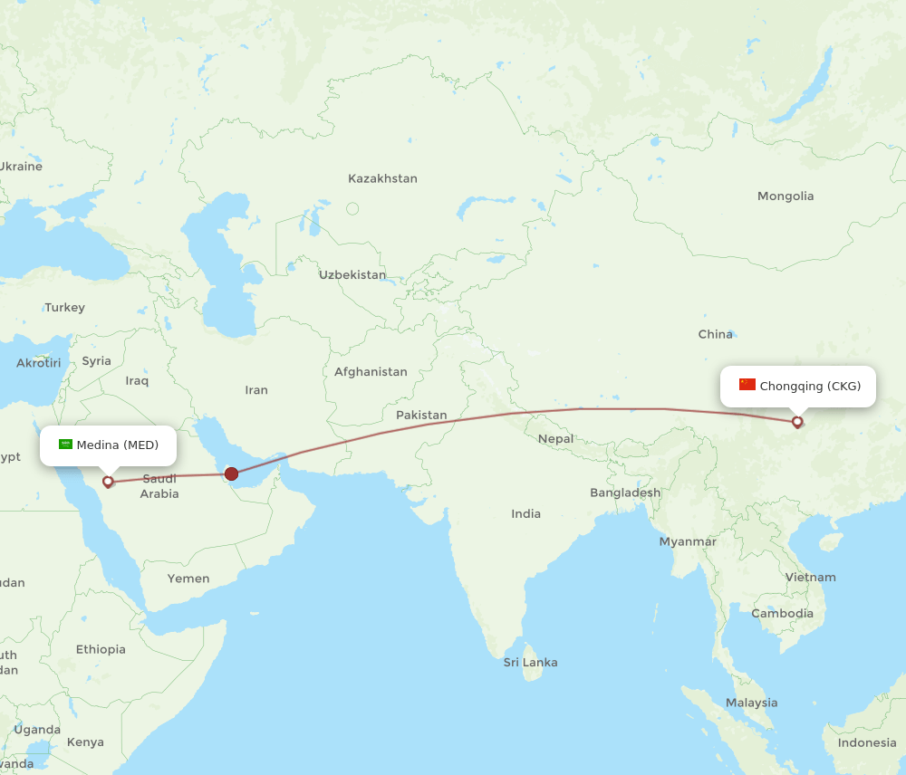 Madinah - Chongqing route map and flight paths
