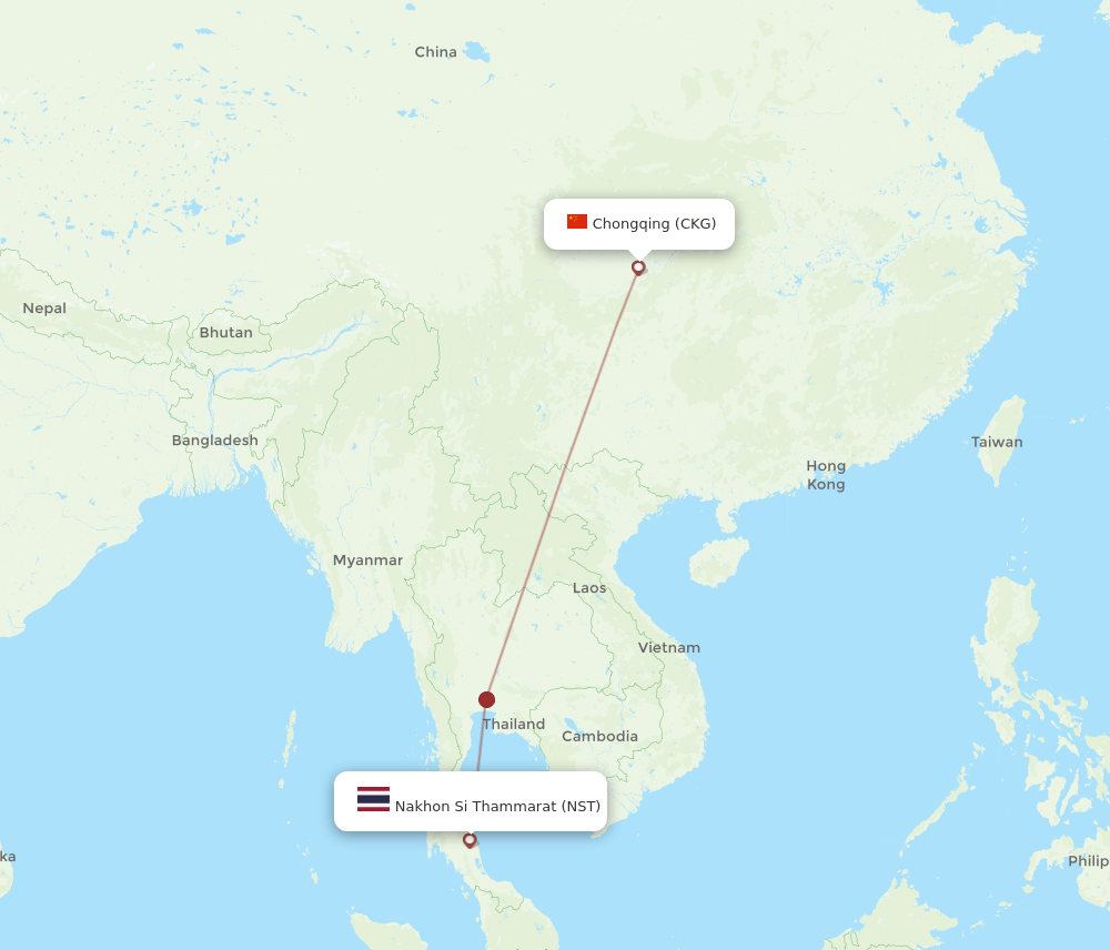 Chongqing - Nakhon Si Thammarat route map and flight paths
