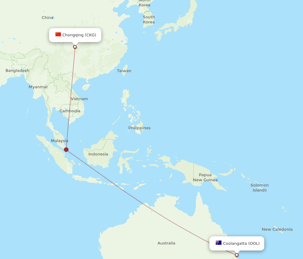 Chongqing - Coolangatta (Gold Coast) route map and flight paths