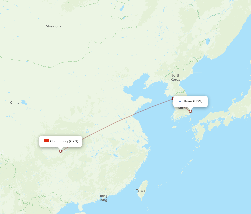 Ulsan - Chongqing route map and flight paths