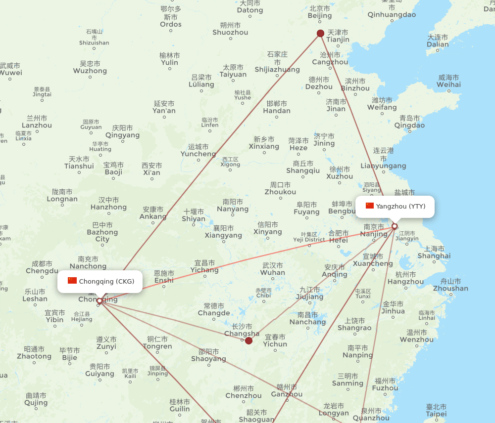 CKG to YTY flights and routes map
