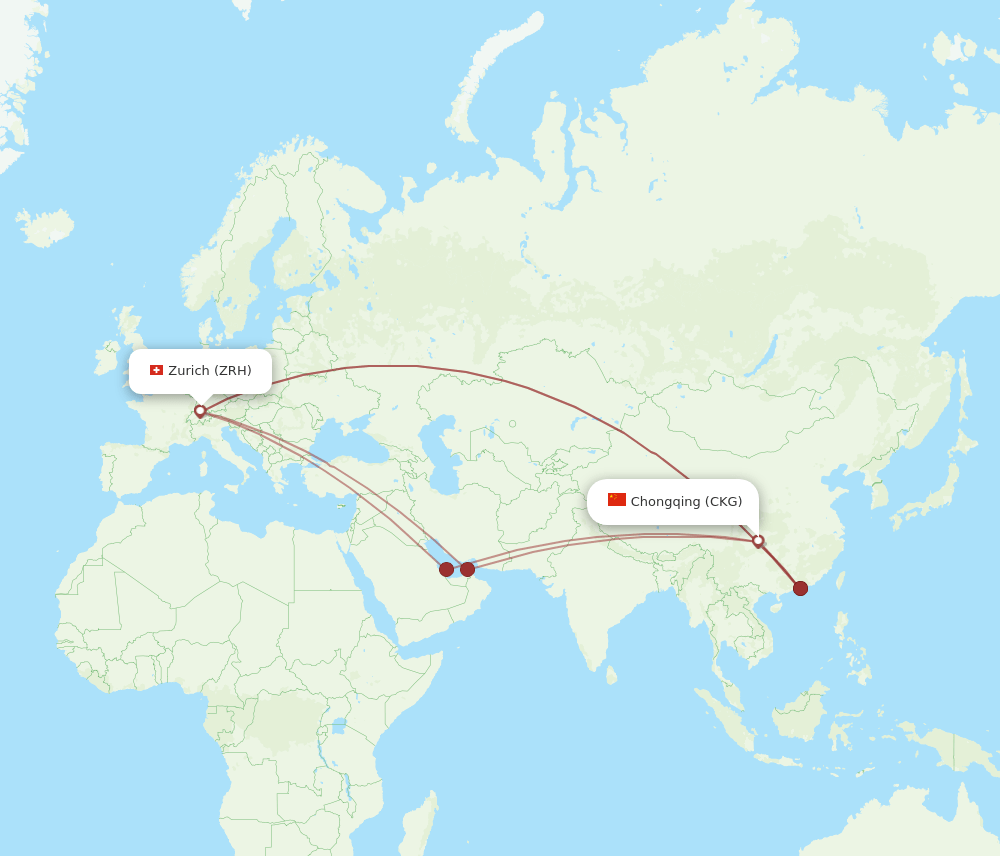 Zurich - Chongqing route map and flight paths