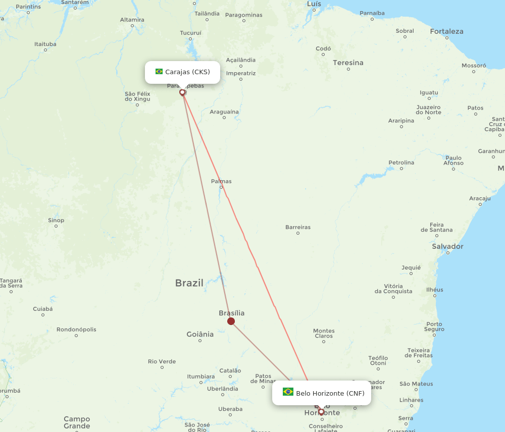Carajas - Belo Horizonte route map and flight paths