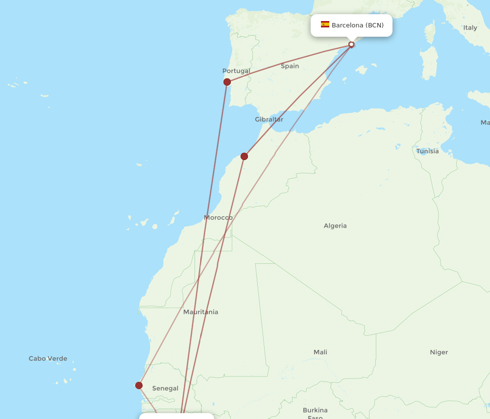 CKY to BCN flights and routes map