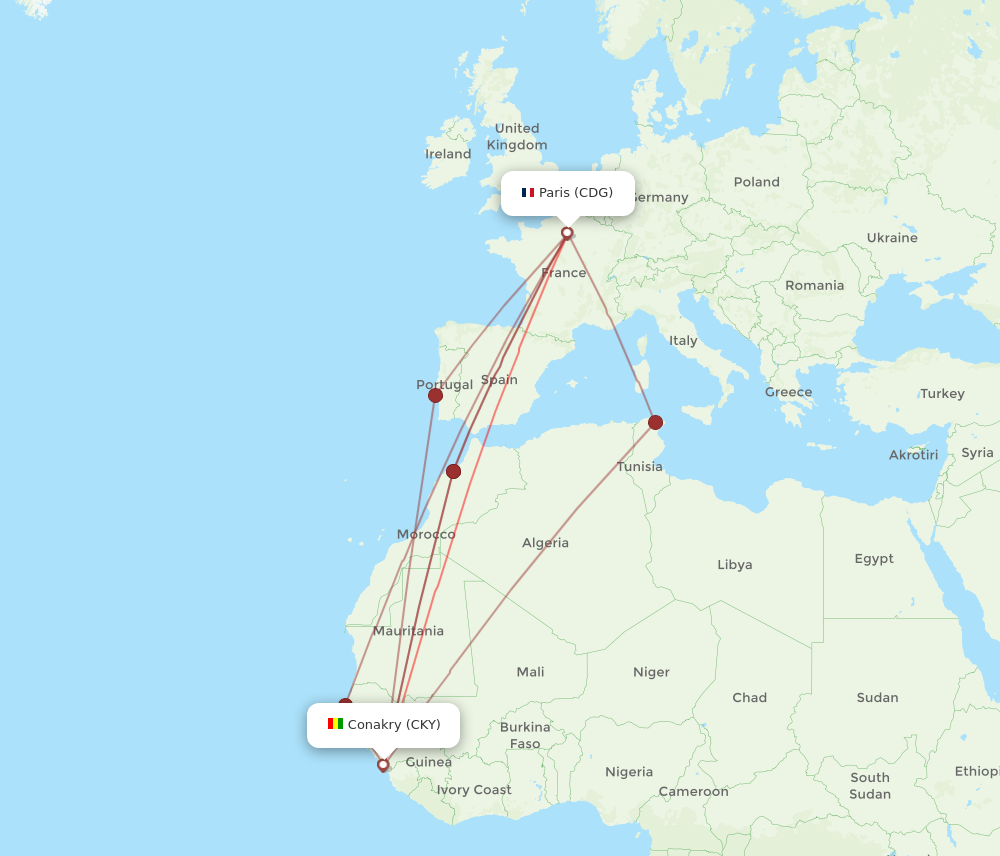 CKY to CDG flights and routes map