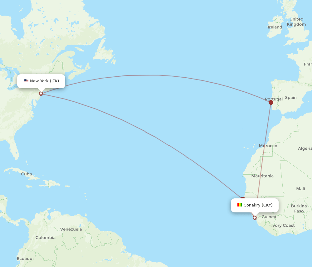 Conakry - New York route map and flight paths