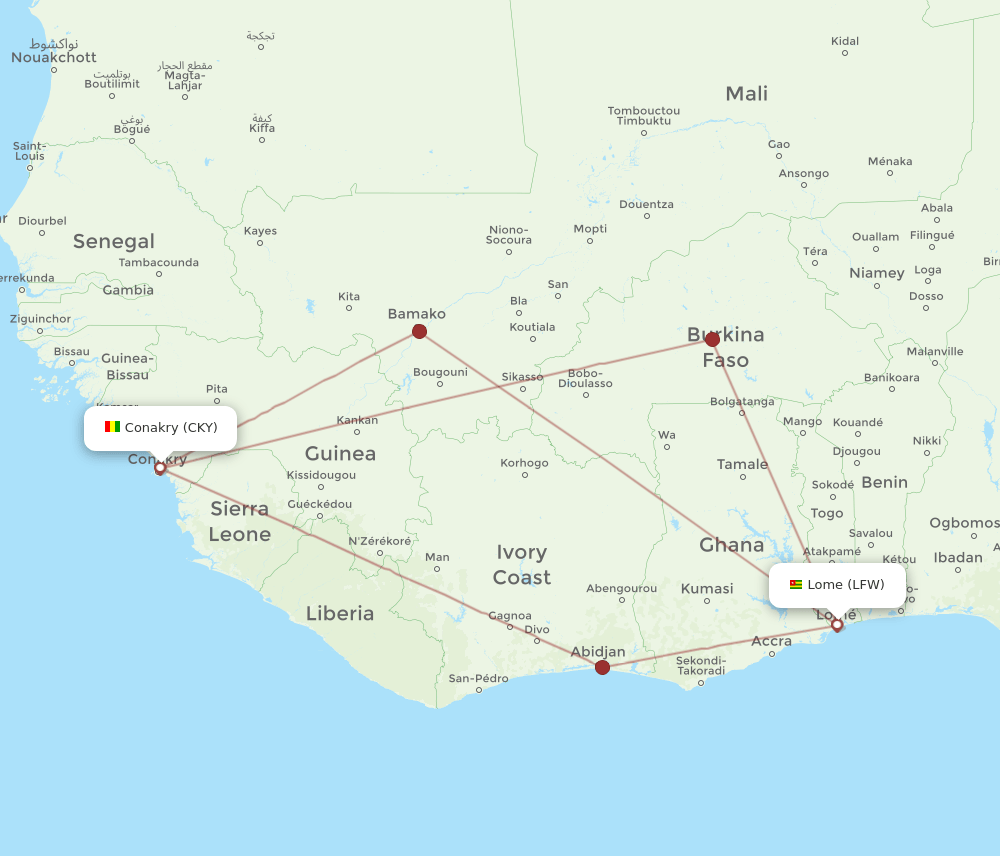 CKY to LFW flights and routes map