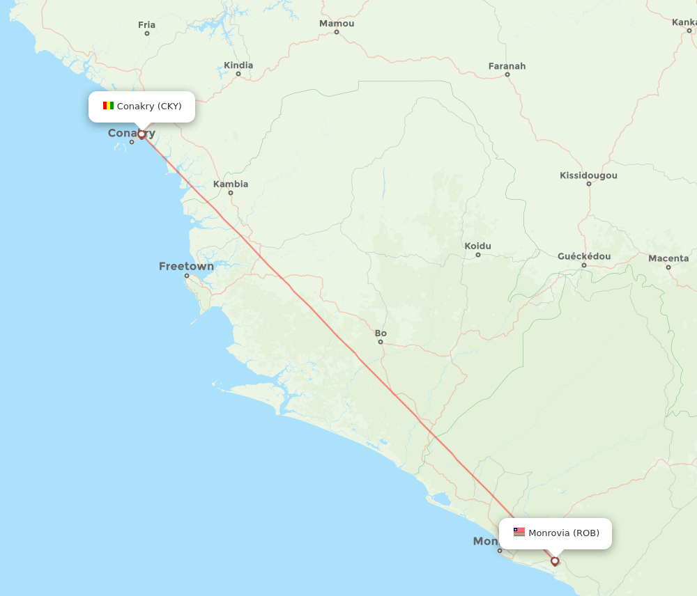 Conakry - Monrovia route map and flight paths