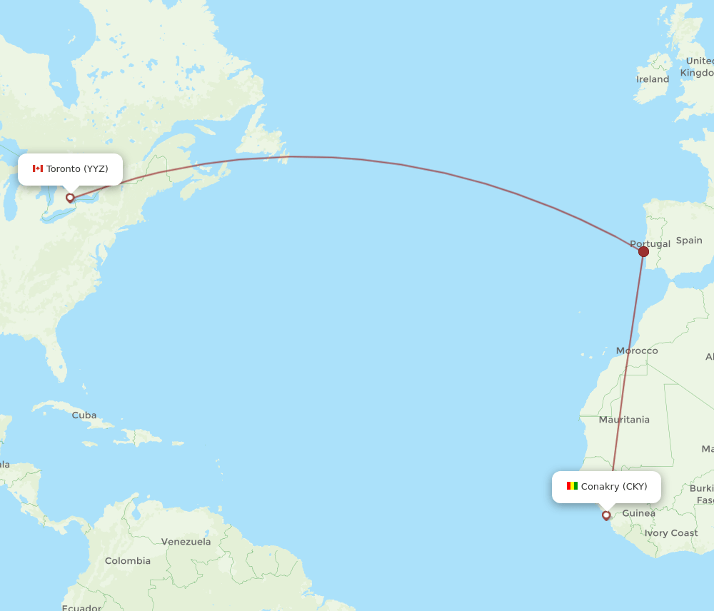 Conakry - Toronto route map and flight paths