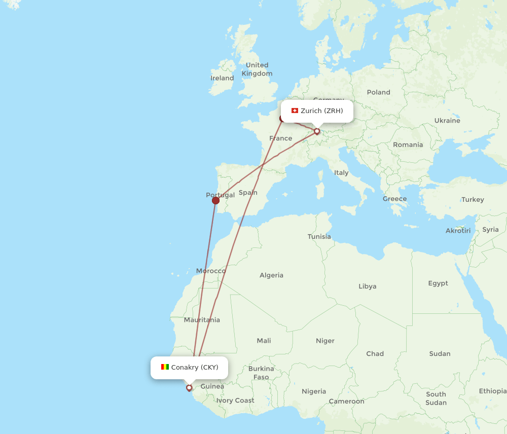 ZRH to CKY flights and routes map