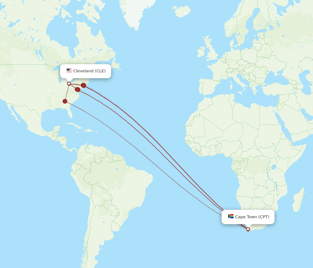 CLE to CPT flights and routes map