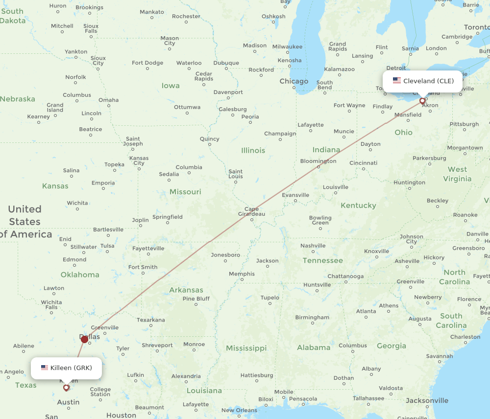 CLE-GRK flight routes