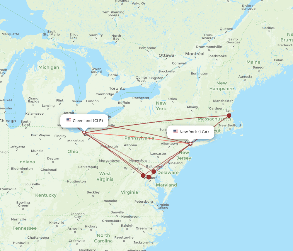 CLE to LGA flights and routes map