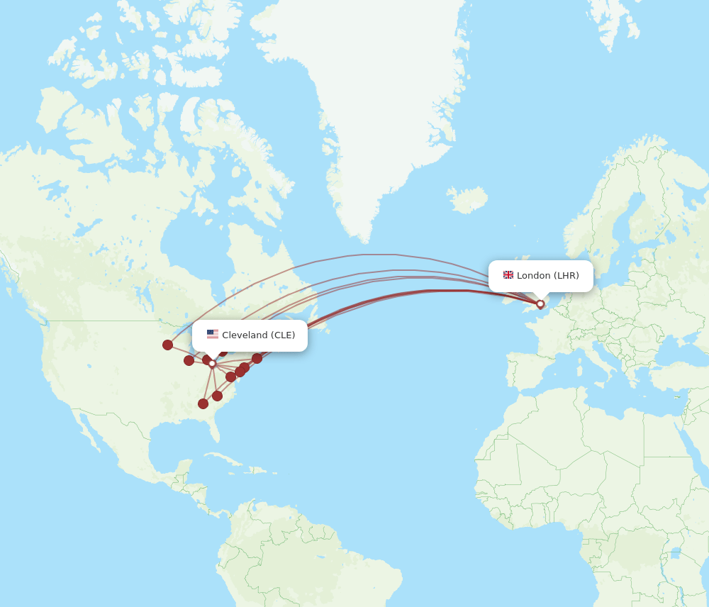 CLE to LHR flights and routes map