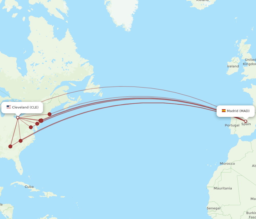 CLE to MAD flights and routes map