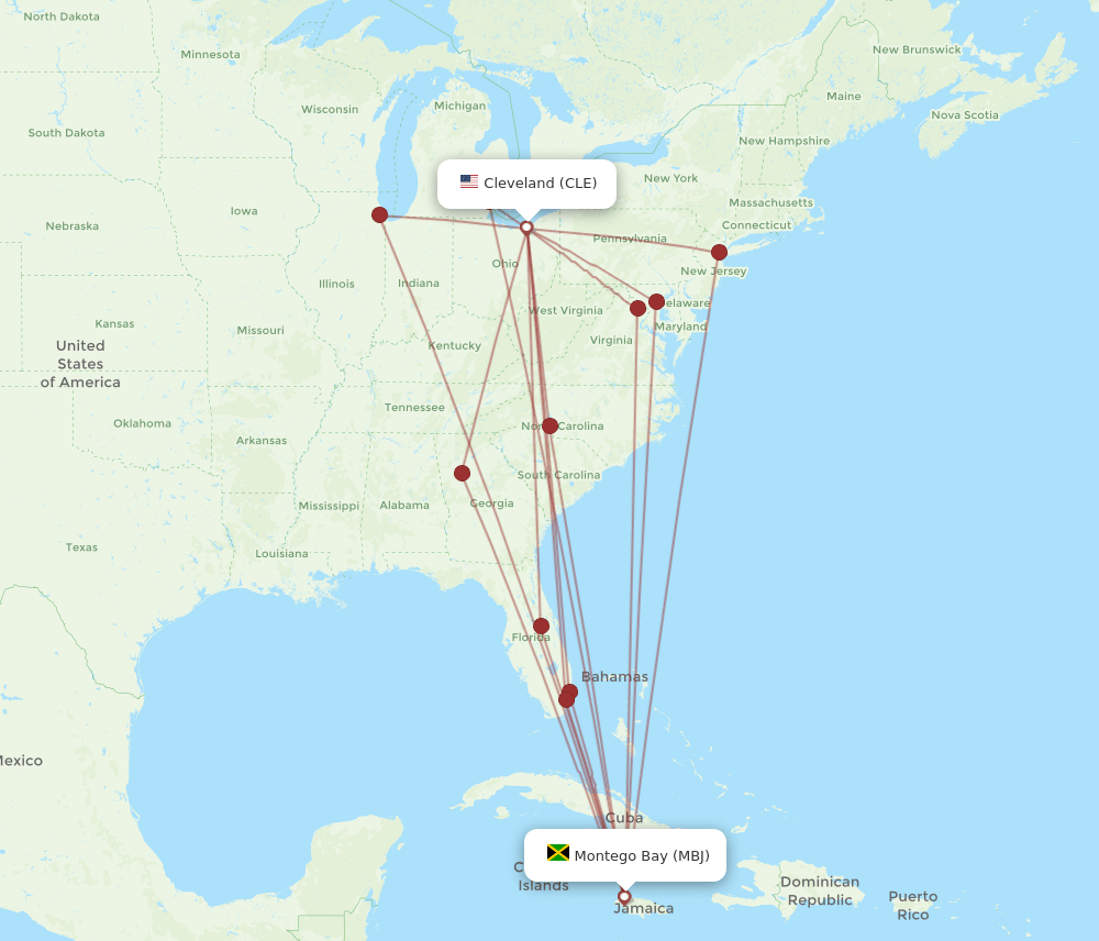 CLE to MBJ flights and routes map