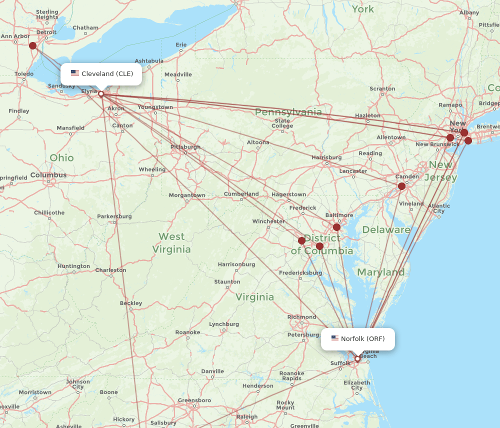 CLE-ORF flight routes