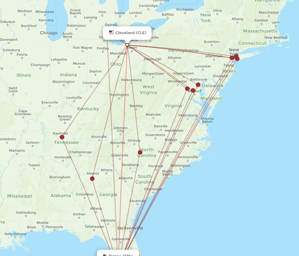 CLE to TPA flights and routes map