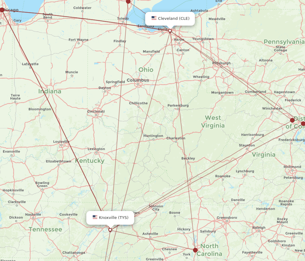 CLE to TYS flights and routes map