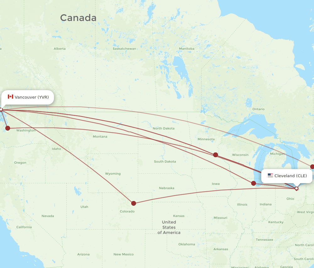 Vancouver - Cleveland route map and flight paths