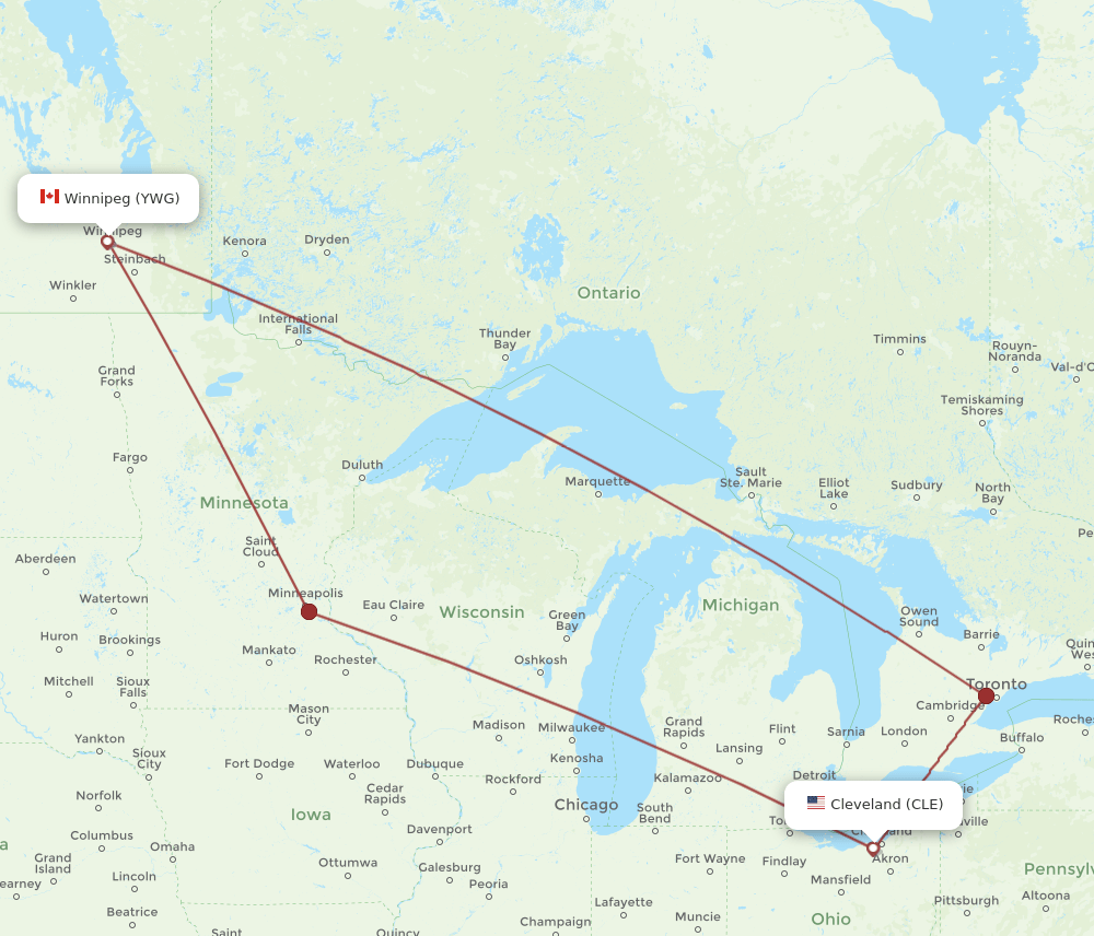 CLE-YWG flight routes