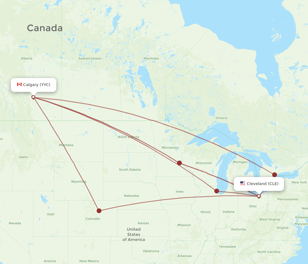 Calgary - Cleveland route map and flight paths