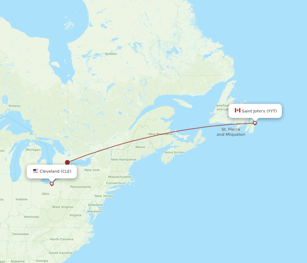St. John's - Cleveland route map and flight paths