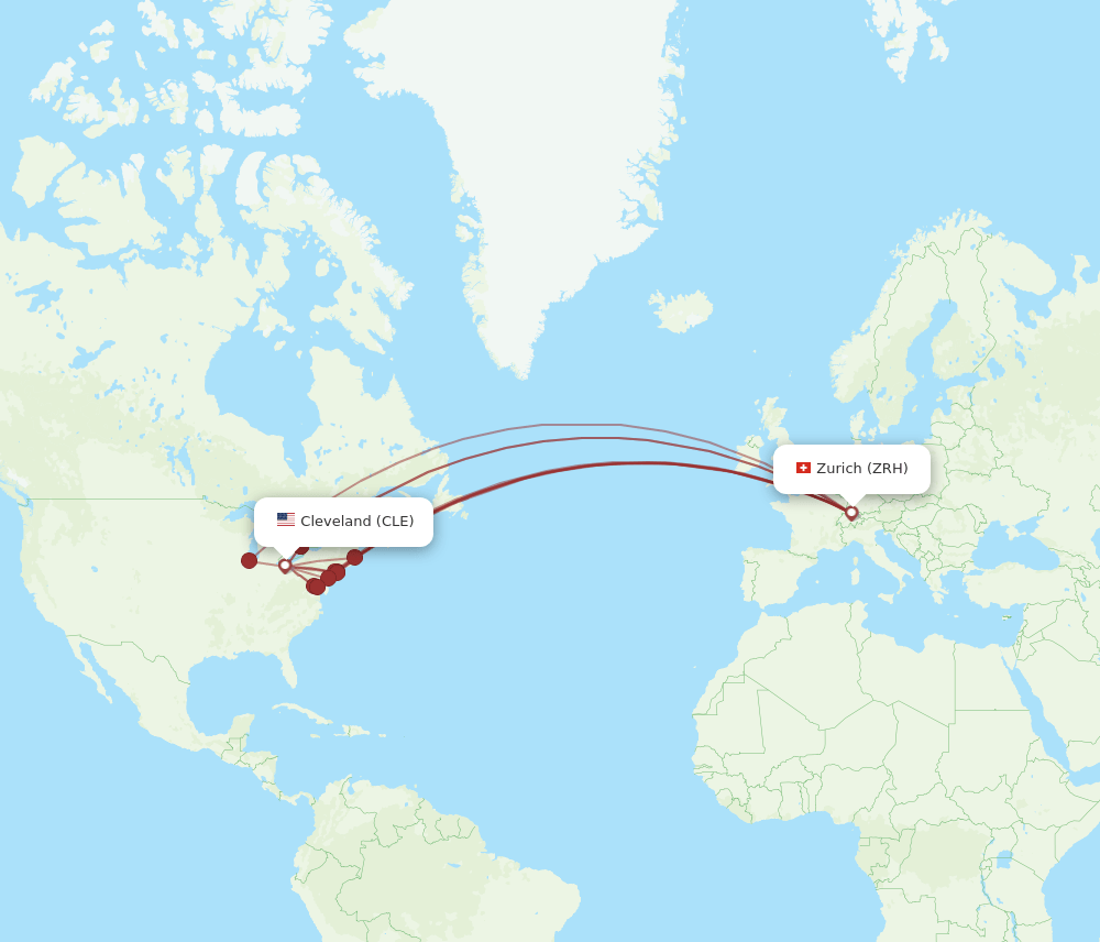 Zurich - Cleveland route map and flight paths