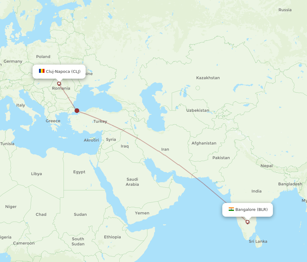Bengaluru - Cluj-Napoca route map and flight paths
