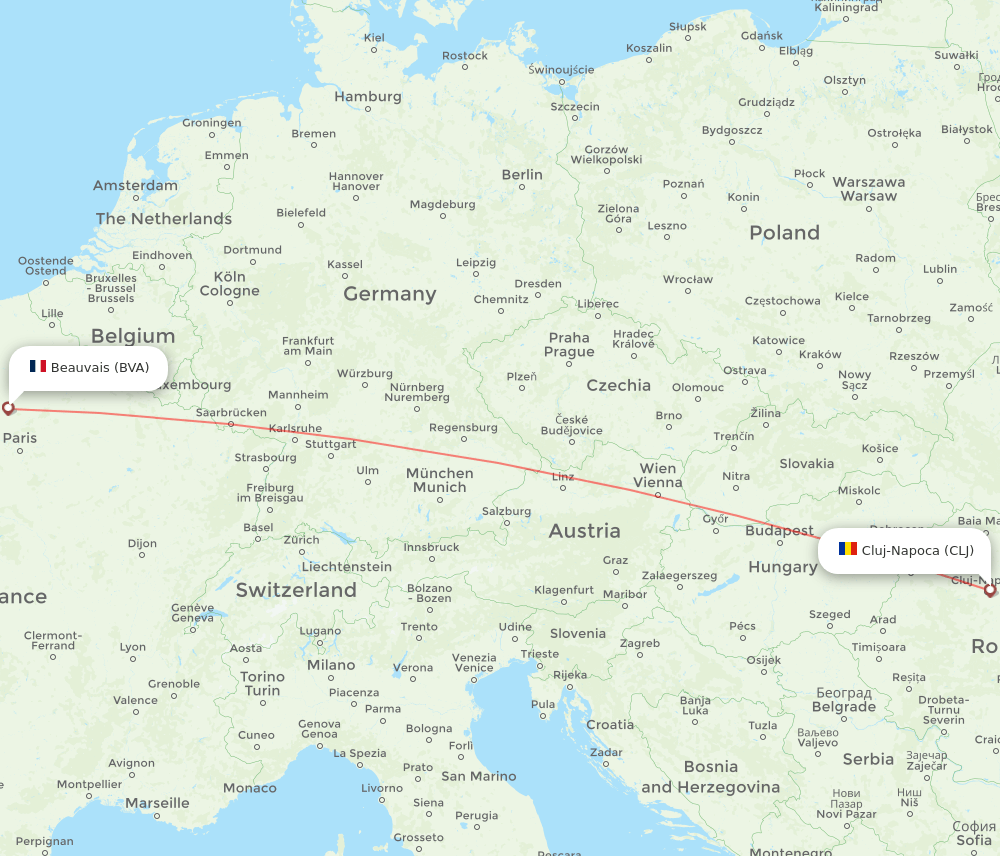Cluj-Napoca - Paris route map and flight paths
