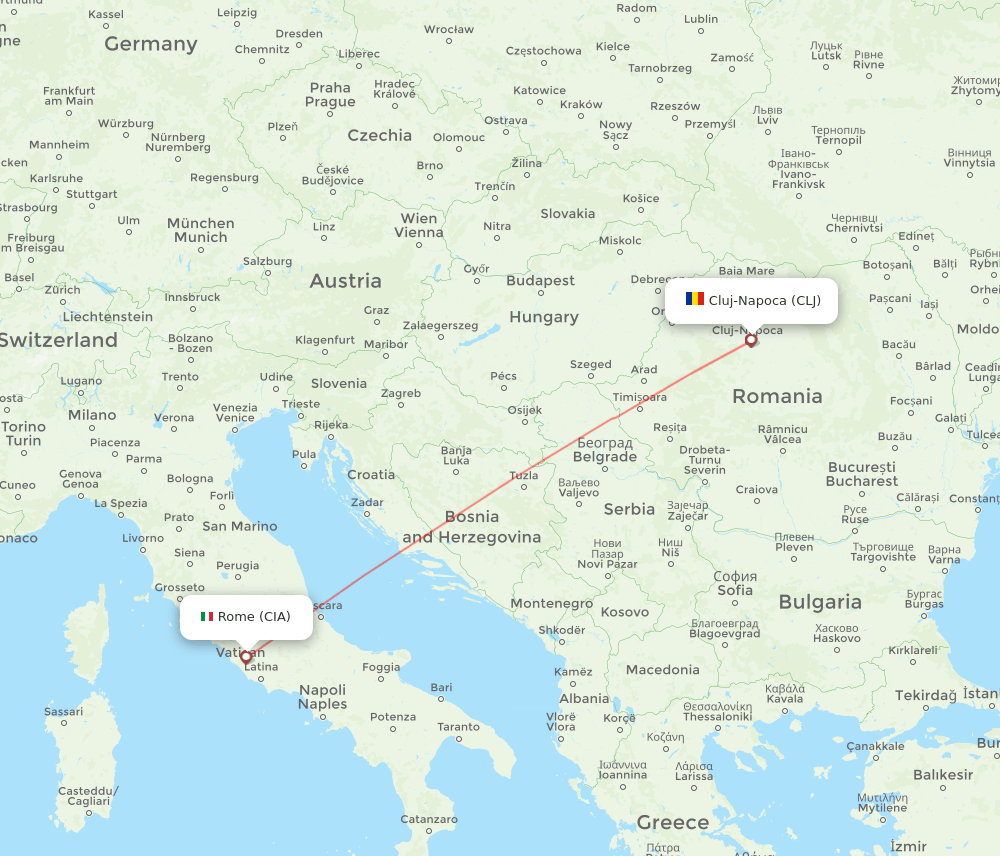 Cluj-Napoca - Rome route map and flight paths