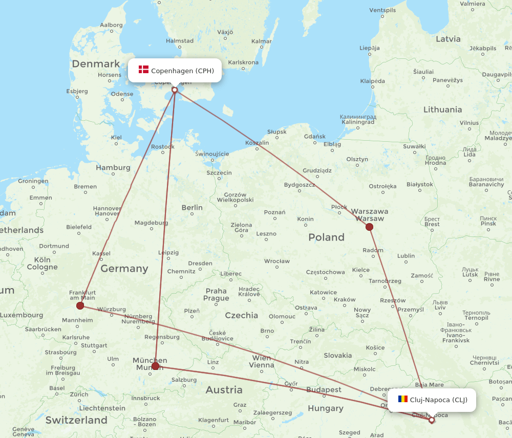 CLJ to CPH flights and routes map