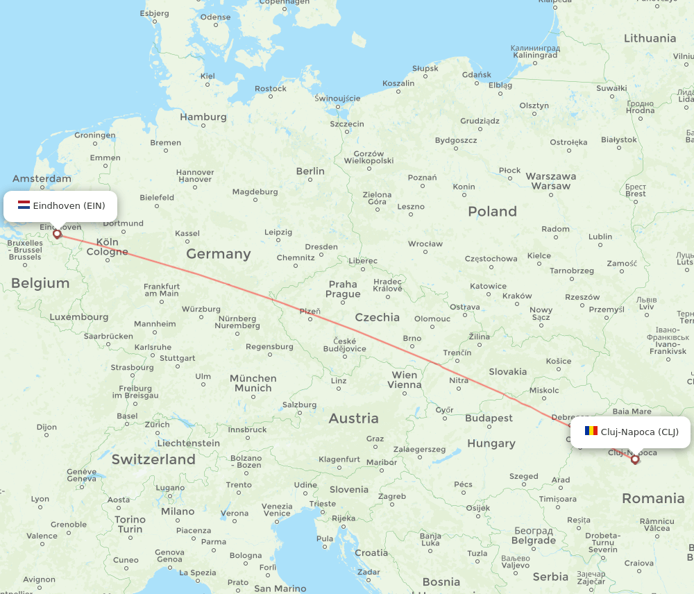 Cluj-Napoca - Eindhoven route map and flight paths