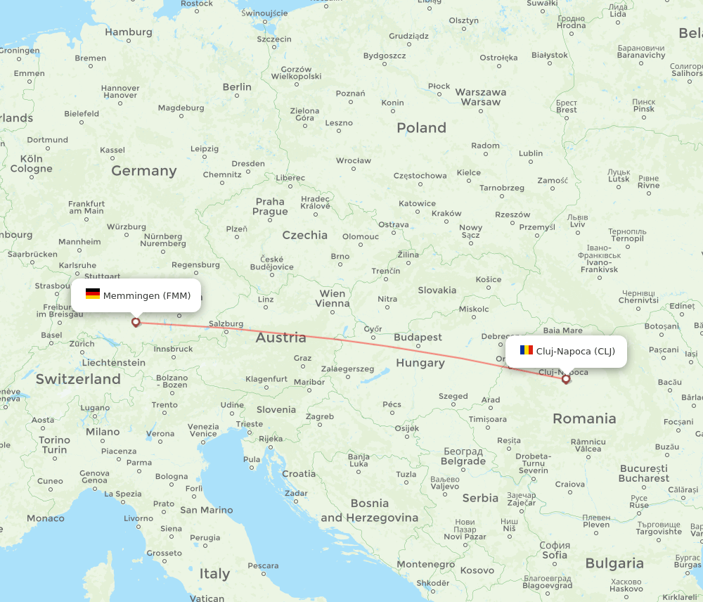 Cluj-Napoca - Memmingen route map and flight paths