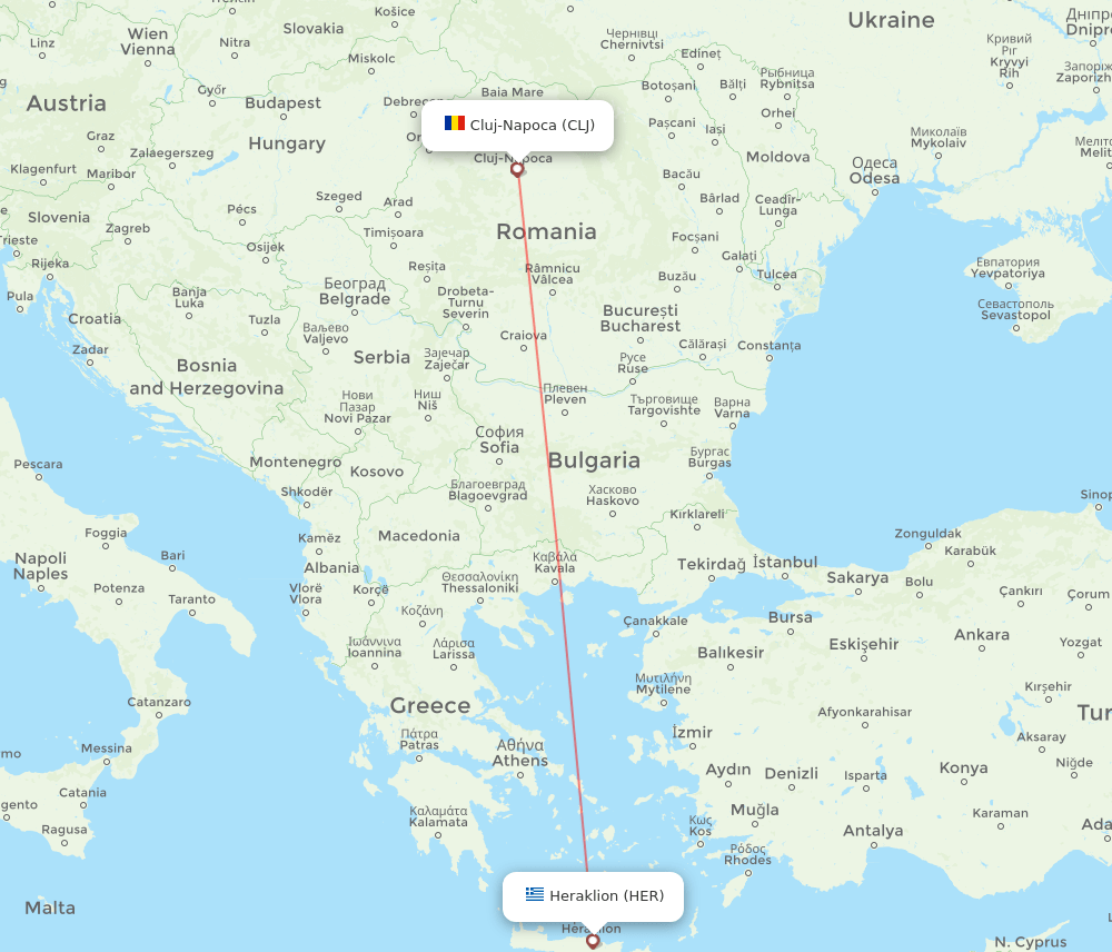 Cluj-Napoca - Heraklion route map and flight paths