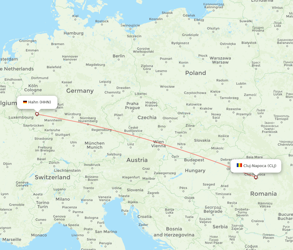 Cluj-Napoca - Hahn route map and flight paths